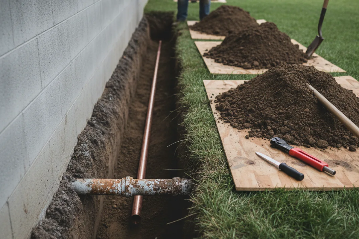 Excavated water line trench during Water Heater Repair in La Prairie